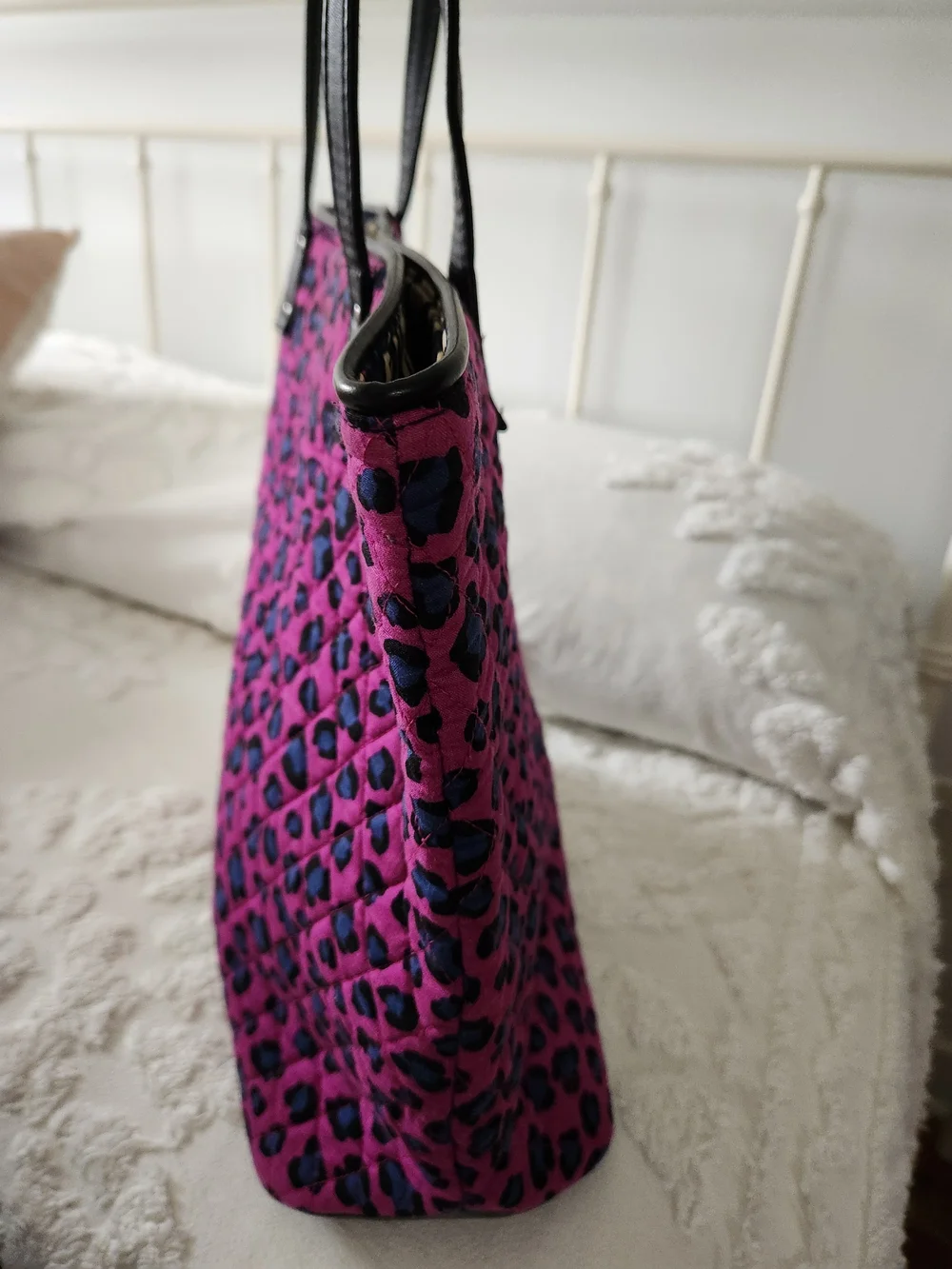 Vera Bradley Bright Pink Leopard Quilted Tote Bag with Black Trim